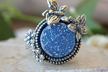 Druzy Agate Ring. Blue Stone Ring. Gypsy Ring. Sterling Silver Jewelry. Flower Butterfly Ring.bohemian Ring