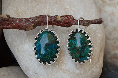 Eilat Stone Earrings. King Solomon Stone Earrings. Oval Green Gemstone Earrings. 925 Sterling Silver Earrings. Green Eilat Threader Earrings