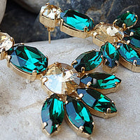 Emerald Cluster Earrings. Green Champagne Rebeka Fan Earrings. Elegant Jewelry. Emerald Crystal Earrings. Unique Design Large Earrings.