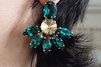 Emerald Cluster Earrings. Green Champagne Rebeka Fan Earrings. Elegant Jewelry. Emerald Crystal Earrings. Unique Design Large Earrings.