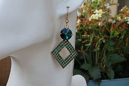 Emerald Drop Earrings. Gold Geometric Rebeka Earrings. Emerald Rebeka Hook Earrings. Green Rebeka Crystal Earrings.rhombus Earrings