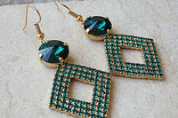 Emerald Drop Earrings. Gold Geometric Rebeka Earrings. Emerald Rebeka Hook Earrings. Green Rebeka Crystal Earrings.rhombus Earrings