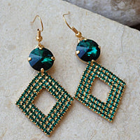 Emerald Drop Earrings. Gold Geometric Rebeka Earrings. Emerald Rebeka Hook Earrings. Green Rebeka Crystal Earrings.rhombus Earrings