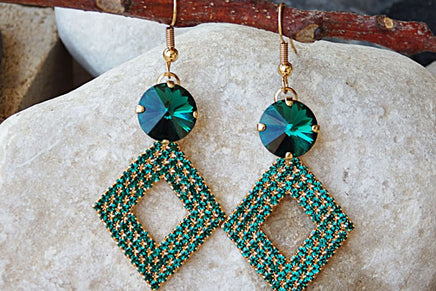 Emerald Drop Earrings. Gold Geometric Rebeka Earrings. Emerald Rebeka Hook Earrings. Green Rebeka Crystal Earrings.rhombus Earrings