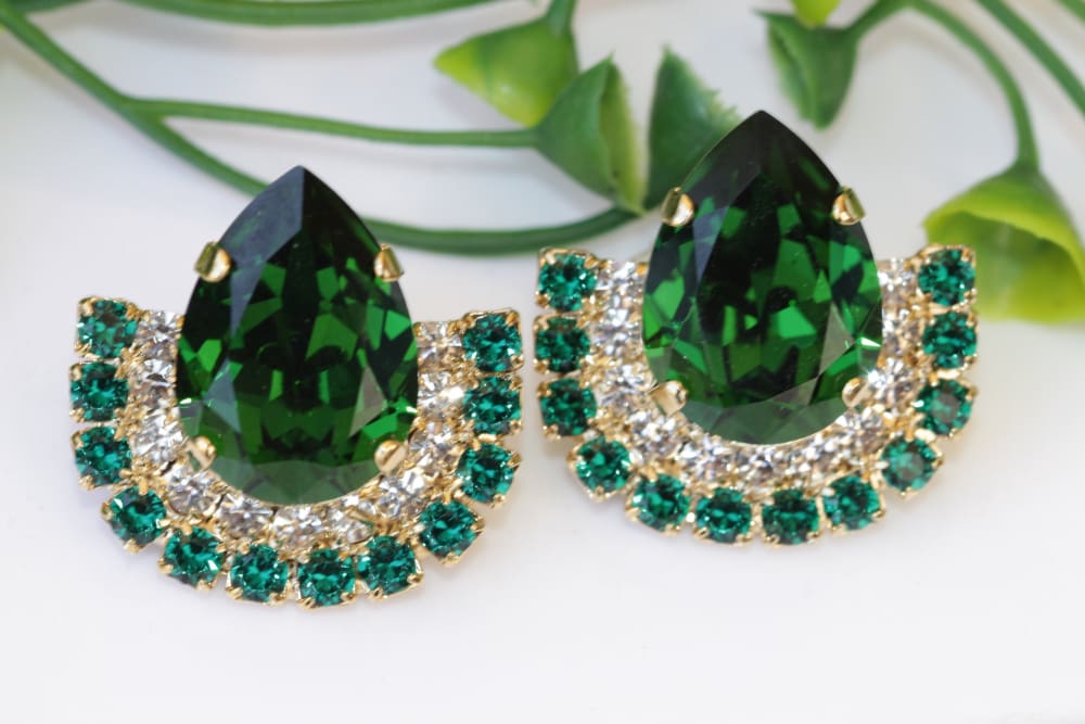 Gold Plated Silver Polki & Green Emerald Long Earrings With Pearl Drop