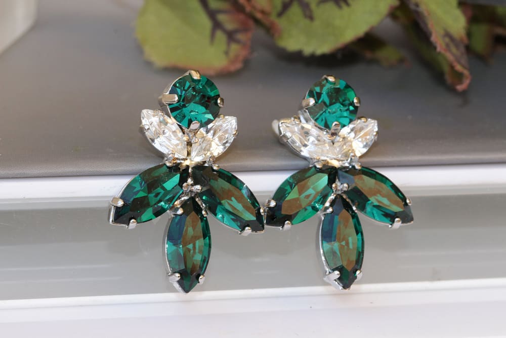 Emerald Earrings, Emerald Bridal Earrings, Emerald Green high quality Earrings,Big Studs, Statement Emerald Earrings, Emerald Cluster Earrings.