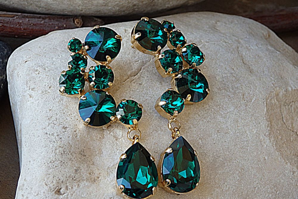 Emerald Stud And Drop Cluster Earrings. Green Teardrop Earrings. Statement Earrings. Rebeka Rhinestone Earrings. Chandelier Earrings.