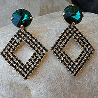 Emerald Stud Earrings. Green And Black Rhombus Earrings. Rebeka Crystal Earrings. Rhinestone Jewelry For Bride. Bridesmaid Gift . For Her