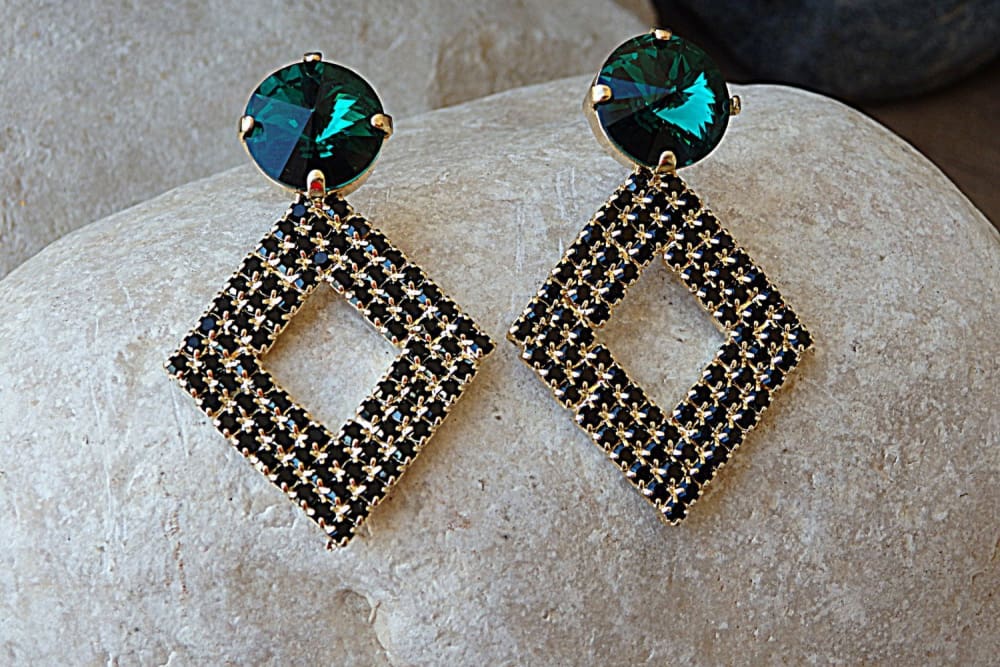 Emerald Stud Earrings. Green And Black Rhombus Earrings. Rebeka Crystal Earrings. Rhinestone Jewelry For Bride. Bridesmaid Gift . For Her