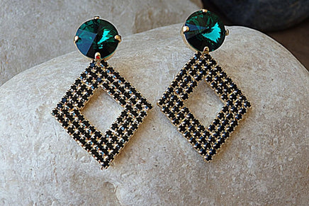 Emerald Stud Earrings. Green And Black Rhombus Earrings. Rebeka Crystal Earrings. Rhinestone Jewelry For Bride. Bridesmaid Gift . For Her