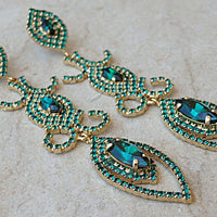 Emerald Rebeka Earrings. Wedding Statement Green Earrings. Cluster Mother Of Bride Earrings. Crystal Jewelled Chandelier Prom Earrings