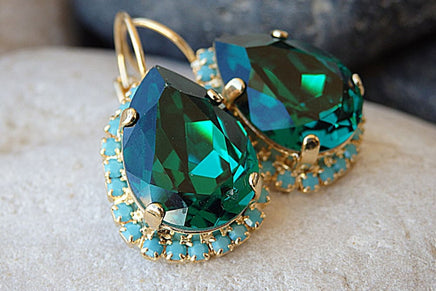 Emerald Turquoise Crystal Rebeka Earrings For Wife. Green Crystal Teardrop Drop Earrings.bridal Earrings