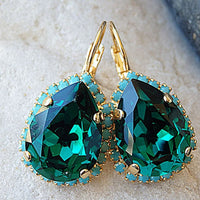 Emerald Turquoise Crystal Rebeka Earrings For Wife. Green Crystal Teardrop Drop Earrings.bridal Earrings