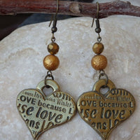 Engraved Love Dangle Earrings. Valentine Day For Girlfriend . Bronze Earrings . Heart Shaped Earrings. Beaded Earrings. Love Jewelry.
