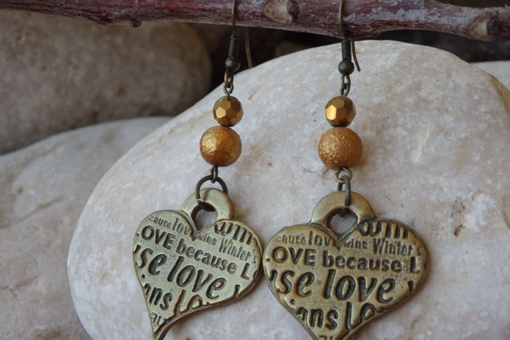 Engraved Love Dangle Earrings. Valentine Day For Girlfriend . Bronze Earrings . Heart Shaped Earrings. Beaded Earrings. Love Jewelry.