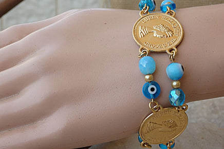 Evil Eye Bracelet. Coin Elizabeth Jewelry. Beaded Bracelet. Turquoise And Gold Bracelet. Turkish Eye Bracelet. Charms Protection Jewelry