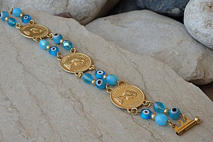 Evil Eye Bracelet. Coin Elizabeth Jewelry. Beaded Bracelet. Turquoise And Gold Bracelet. Turkish Eye Bracelet. Charms Protection Jewelry