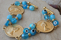 Evil Eye Bracelet. Coin Elizabeth Jewelry. Beaded Bracelet. Turquoise And Gold Bracelet. Turkish Eye Bracelet. Charms Protection Jewelry