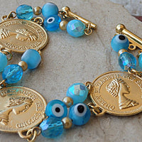 Evil Eye Bracelet. Coin Elizabeth Jewelry. Beaded Bracelet. Turquoise And Gold Bracelet. Turkish Eye Bracelet. Charms Protection Jewelry