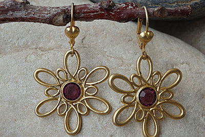 Flower Dangle Earrings. Purple Rebeka Earrings. Gold Wire Wrapped Flower Earrings. Women Jewelry Gift For Woman. Gold Plated Earrings