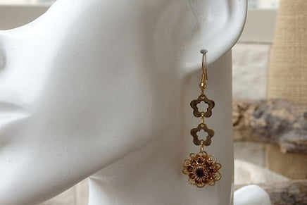 Flower Gold Dangle Earrings. Brown Rebeka Crystal Earrings. Floral Gold Jewelry. Flower Dangle Earrings. 24K Gold Plated Drop Earrings