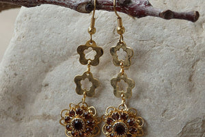 Flower Gold Dangle Earrings. Brown Rebeka Crystal Earrings. Floral Gold Jewelry. Flower Dangle Earrings. 24K Gold Plated Drop Earrings