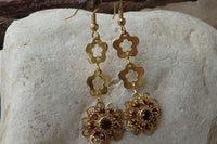 Flower Gold Dangle Earrings. Brown Rebeka Crystal Earrings. Floral Gold Jewelry. Flower Dangle Earrings. 24K Gold Plated Drop Earrings