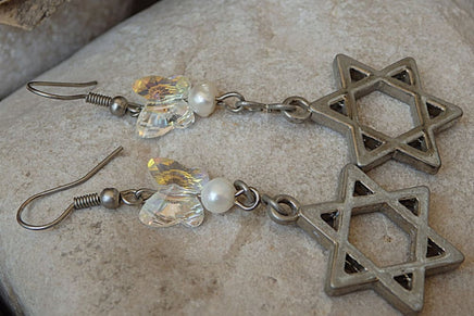 Fresh Water Pearl Star Of David Earrings. Magen David Earrings With Pearl. Jewish Jewelry. Rebeka Butterfly Magen David Dangle Earrings