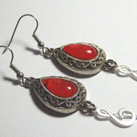 G Clef Treble Clef Earrings. Red Glass Ornament Silver Earrings. Musical Gift. Sol Key Earrings. Music Jewelry. Music Lovers Earrings Gift