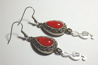 G Clef Treble Clef Earrings. Red Glass Ornament Silver Earrings. Musical Gift. Sol Key Earrings. Music Jewelry. Music Lovers Earrings Gift