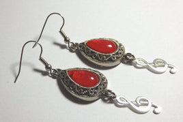 G Clef Treble Clef Earrings. Red Glass Ornament Silver Earrings. Musical Gift. Sol Key Earrings. Music Jewelry. Music Lovers Earrings Gift