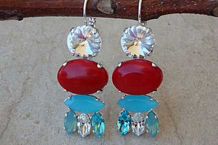 Genuine Coral Earrings. Red Real Coral And Clear Turquoise Rebeka Crystal Earrings. Silver Or Gold Custom Earrings.womens Drop Earrings