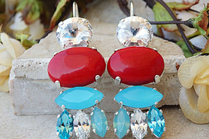 Genuine Coral Earrings. Red Real Coral And Clear Turquoise Rebeka Crystal Earrings. Silver Or Gold Custom Earrings.womens Drop Earrings