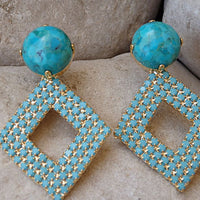 Genuine Turquoise Earrings . Blue Turquoise Rebeka Crystal Earrings. Gold Geometric Earrings. Stud Earrings. Turquoise Rhombus Earrings