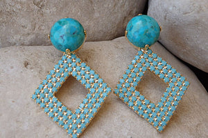 Genuine Turquoise Earrings . Blue Turquoise Rebeka Crystal Earrings. Gold Geometric Earrings. Stud Earrings. Turquoise Rhombus Earrings