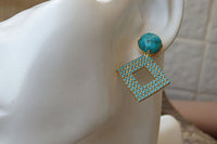 Genuine Turquoise Earrings . Blue Turquoise Rebeka Crystal Earrings. Gold Geometric Earrings. Stud Earrings. Turquoise Rhombus Earrings