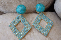 Genuine Turquoise Earrings . Blue Turquoise Rebeka Crystal Earrings. Gold Geometric Earrings. Stud Earrings. Turquoise Rhombus Earrings