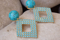 Genuine Turquoise Earrings . Blue Turquoise Rebeka Crystal Earrings. Gold Geometric Earrings. Stud Earrings. Turquoise Rhombus Earrings