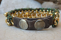 Gold And Leather Curb Chain Cuff Bracelet. Gold Plated Chain Bracelet. Gourmet Cuff Bracelet. Womens Link Bracelet With Green Cotton Thread