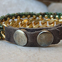 Gold And Leather Curb Chain Cuff Bracelet. Gold Plated Chain Bracelet. Gourmet Cuff Bracelet. Womens Link Bracelet With Green Cotton Thread