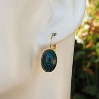 Gold Eilat Stone Earrings. King Solomon Stone Earrings. Oval Green Gemstone Earrings. Gold Plated Earrings. Womens Green Eilat Drop Earrings