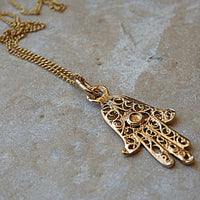 Gold Filigree Hamsa Necklace. Hamsa Charm Necklace. Hamsa Bat Mitzvah Gift. Goldfilled Hand Charm Necklace. Gold Filigree Hand Of Fatima