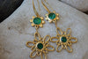 Gold Flower Rebeka Earrings. Gold Green Dangle Earrings. Flower Drop Earrings. Green Rebeka Stone Dangle Earrings. Long Gold Earrings