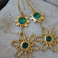 Gold Flower Rebeka Earrings. Gold Green Dangle Earrings. Flower Drop Earrings. Green Rebeka Stone Dangle Earrings. Long Gold Earrings
