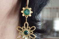 Gold Flower Rebeka Earrings. Gold Green Dangle Earrings. Flower Drop Earrings. Green Rebeka Stone Dangle Earrings. Long Gold Earrings