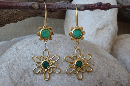 Gold Flower Rebeka Earrings. Gold Green Dangle Earrings. Flower Drop Earrings. Green Rebeka Stone Dangle Earrings. Long Gold Earrings