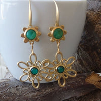 Gold Flower Rebeka Earrings. Gold Green Dangle Earrings. Flower Drop Earrings. Green Rebeka Stone Dangle Earrings. Long Gold Earrings