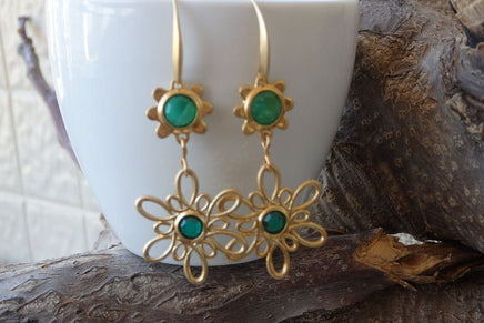 Gold Flower Rebeka Earrings. Gold Green Dangle Earrings. Flower Drop Earrings. Green Rebeka Stone Dangle Earrings. Long Gold Earrings