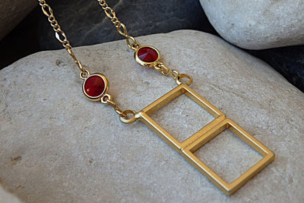 Gold Geometric Necklace. Geometric Pendant. Red Rebeka Necklace With Squars Pendant. Modern Geometric Necklace For Womens Jewelry Gift