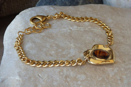 Gold Hearth Curb Chain Bracelet. Gold Plated Chain Bracelet With Heart Jewelry Gift For Wife Gift. Womens Brown Glass Heart Link Bracelet